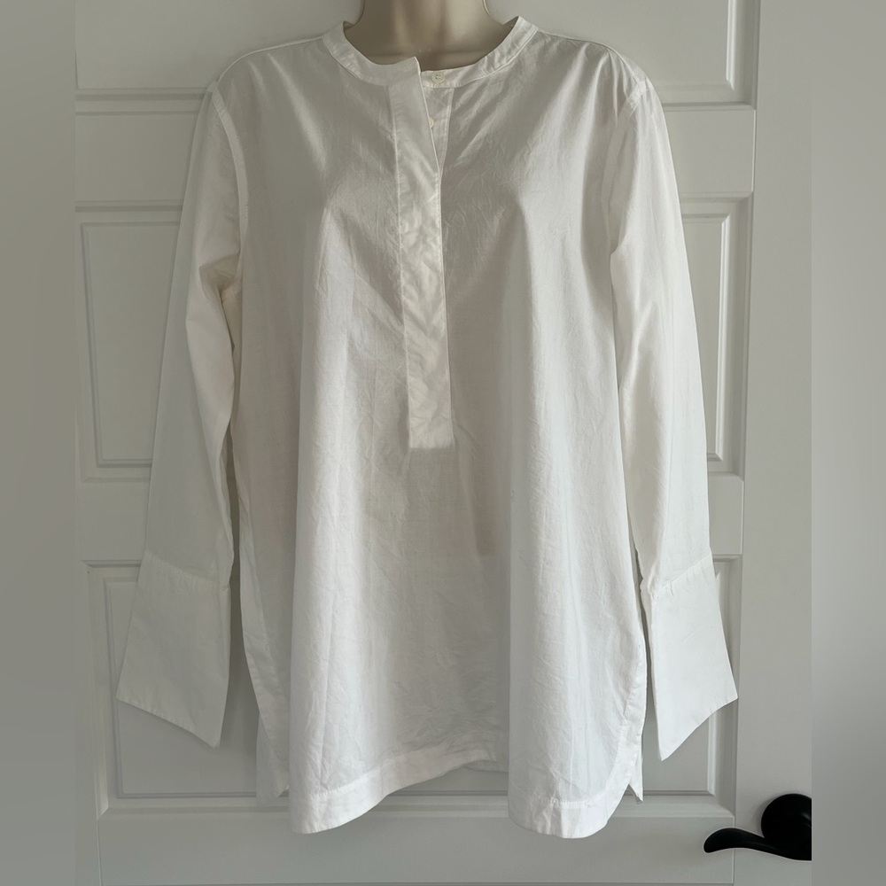 J. Crew Women's 1/2 Button White Poplin Cotton Popover Tunic Top Long Cuffs 12